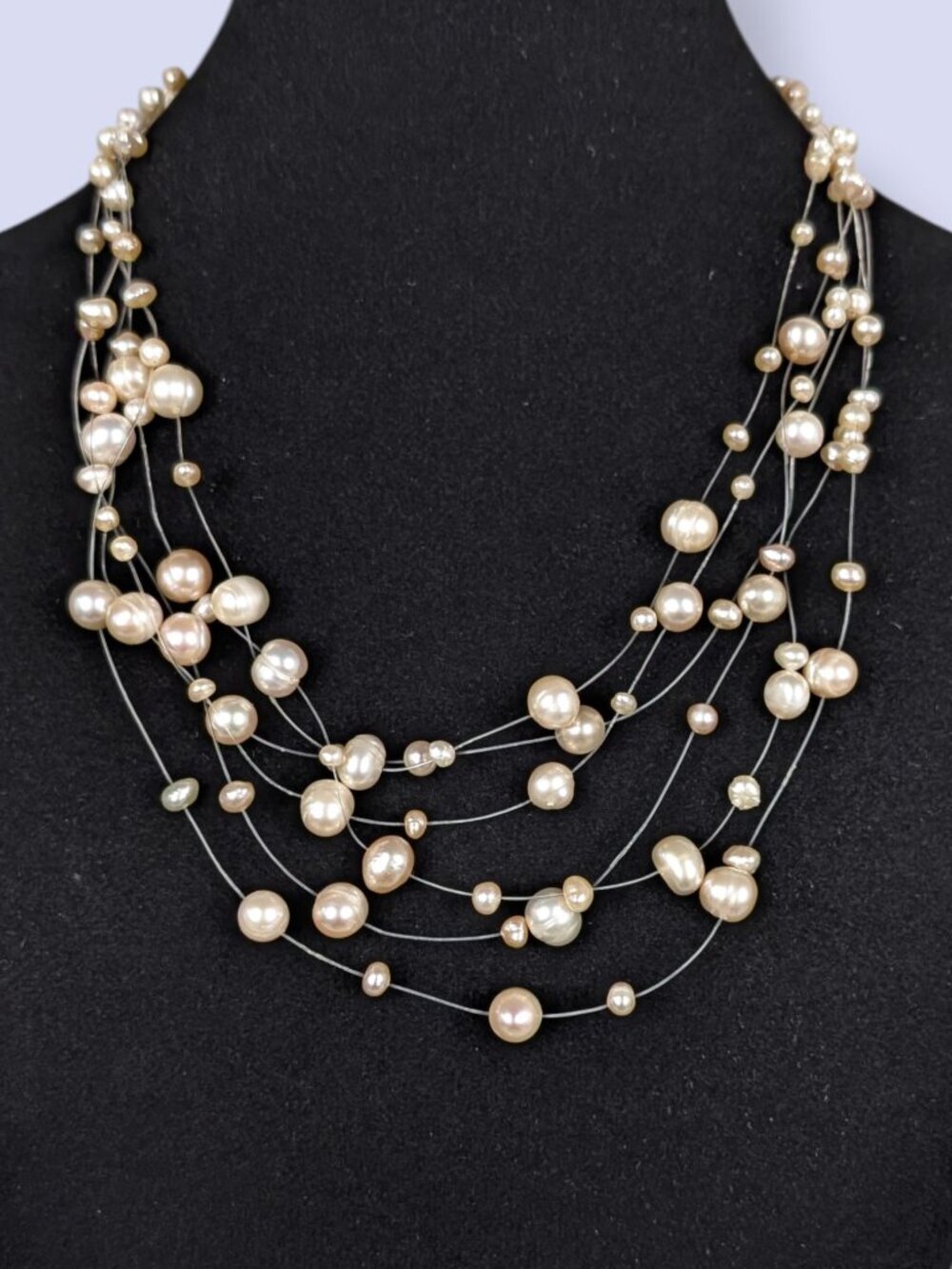 Vintage Mid-Century 6-Strand Beige Freshwater Pearl Illusion Necklace